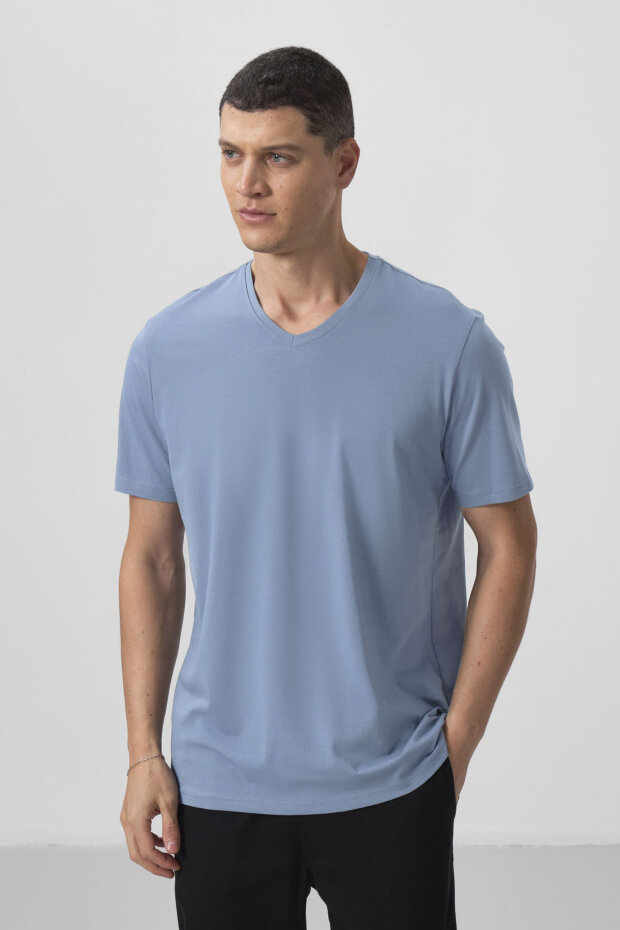 Kirli Mavi Basic Kısa Kol Standart Kalıp V Yaka Erkek T-Shirt - 87912 - 3