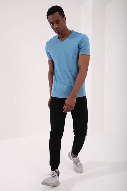 Kirli Mavi Basic Kısa Kol Standart Kalıp V Yaka Erkek T-Shirt - 87912 - Thumbnail