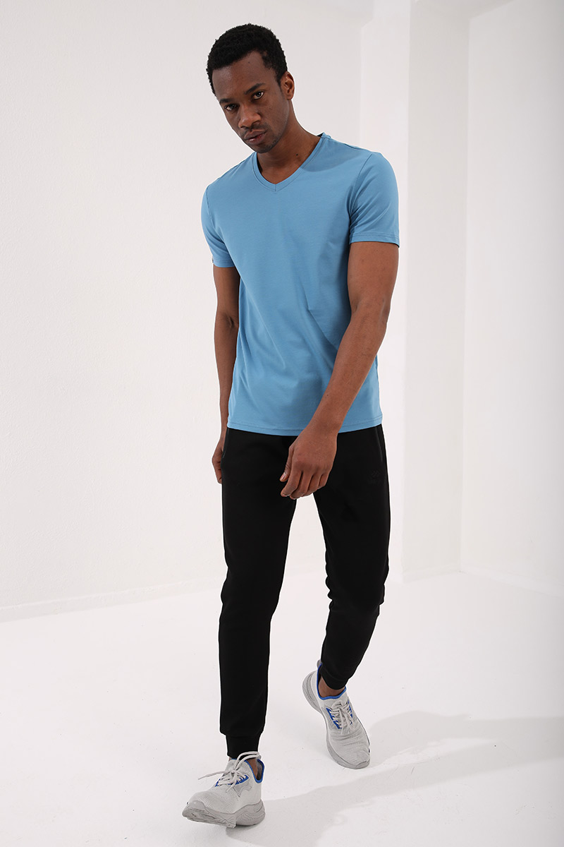 Kirli Mavi Basic Kısa Kol Standart Kalıp V Yaka Erkek T-Shirt - 87912