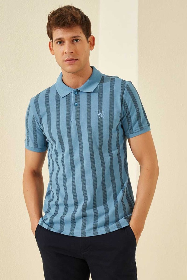 Kirli Mavi Desen Çizgili Standart Kalıp Polo Yaka Erkek T-Shirt - 87805
