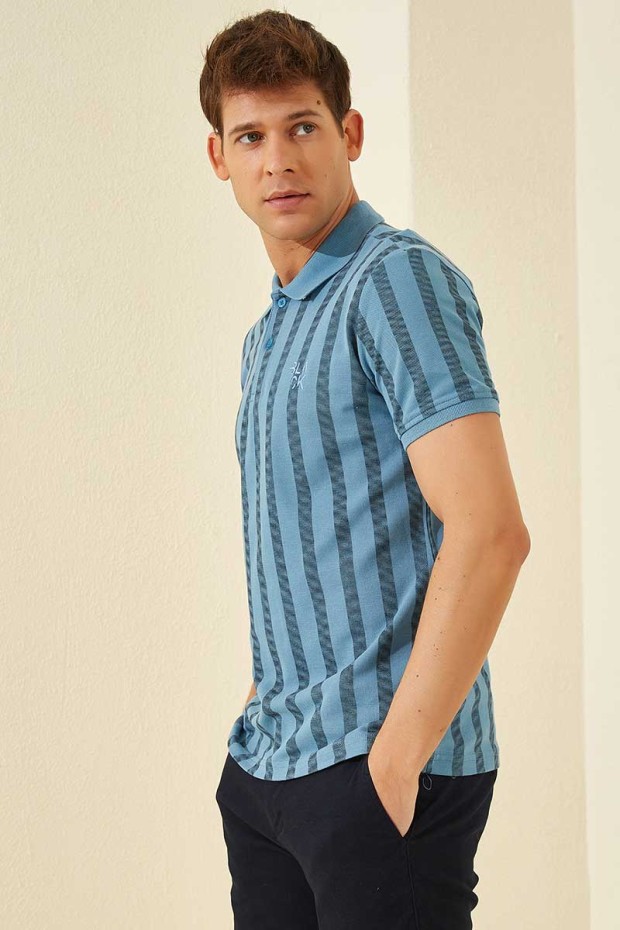 Kirli Mavi Desen Çizgili Standart Kalıp Polo Yaka Erkek T-Shirt - 87805