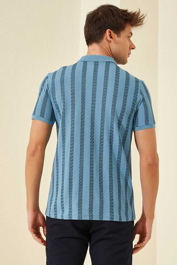 Kirli Mavi Desen Çizgili Standart Kalıp Polo Yaka Erkek T-Shirt - 87805