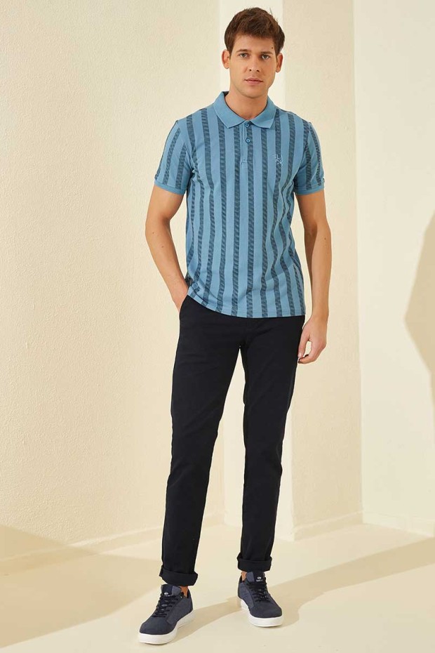 Kirli Mavi Desen Çizgili Standart Kalıp Polo Yaka Erkek T-Shirt - 87805