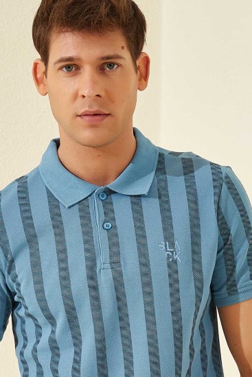 Kirli Mavi Desen Çizgili Standart Kalıp Polo Yaka Erkek T-Shirt - 87805 - Thumbnail