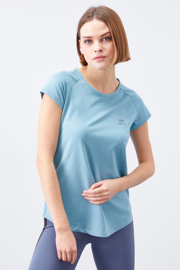 Kirli Mavi Sırt Pencereli Kısa Kol Standart Kalıp O Yaka Kadın T-Shirt - 97101