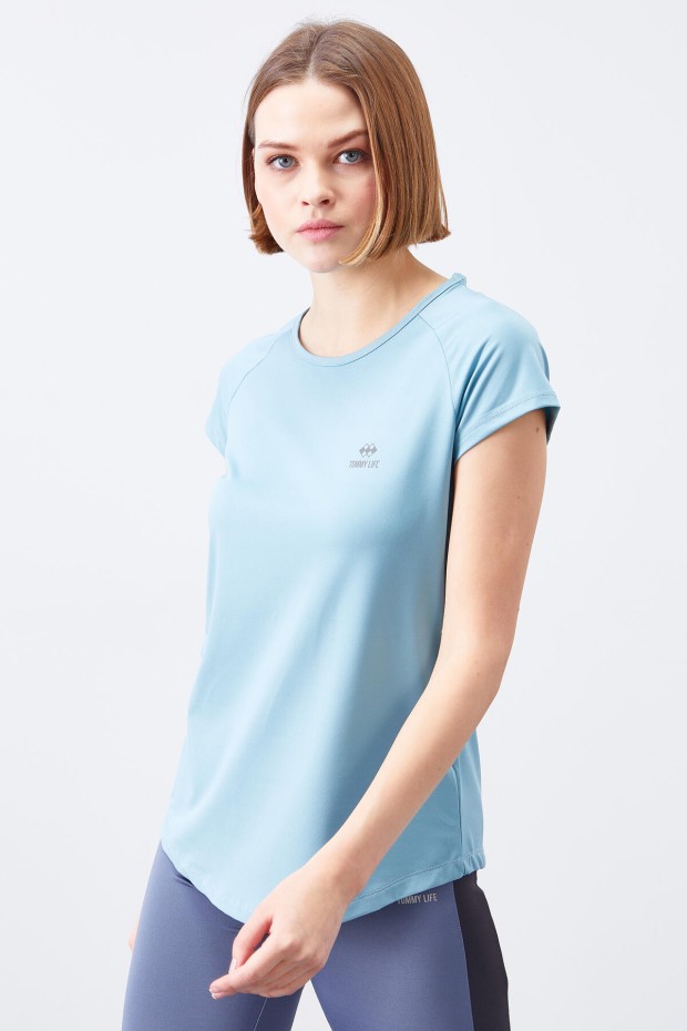 Kirli Mavi Sırt Pencereli Kısa Kol Standart Kalıp O Yaka Kadın T-Shirt - 97101
