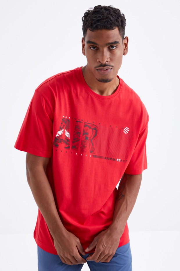 Kırmızı Air Baskılı O Yaka Erkek Oversize T-Shirt - 88097