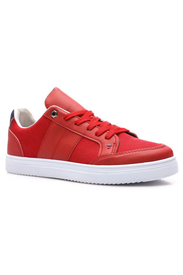 Kırmızı Bağcıklı Suni Deri Detaylı Erkek Spor Ayakkabı - 89065