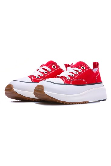 Kırmızı Bağcıklı Yüksek Taban Günlük Kadın Spor Ayakkabı - 89070 - Thumbnail