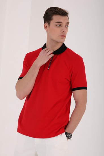Kırmızı Basic Çift Düğmeli Standart Kalıp Polo Yaka Erkek T-Shirt - 87944 - Thumbnail