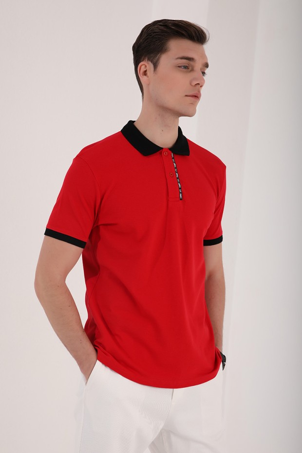 Kırmızı Basic Çift Düğmeli Standart Kalıp Polo Yaka Erkek T-Shirt - 87944