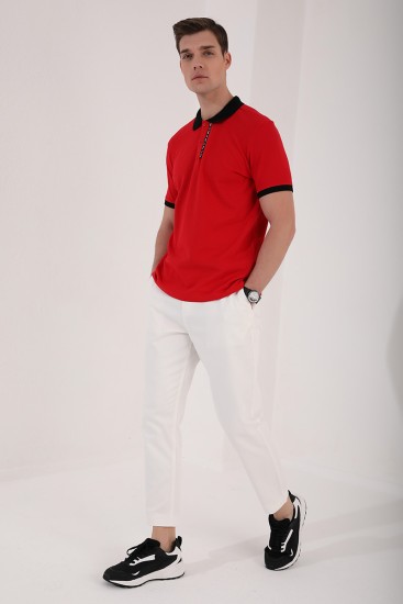 Kırmızı Basic Çift Düğmeli Standart Kalıp Polo Yaka Erkek T-Shirt - 87944 - Thumbnail
