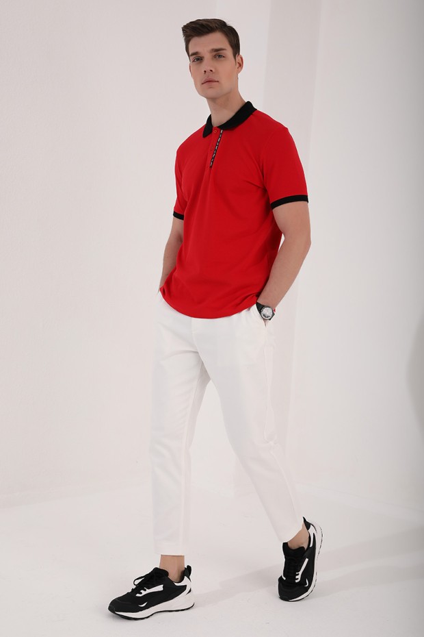 Kırmızı Basic Çift Düğmeli Standart Kalıp Polo Yaka Erkek T-Shirt - 87944