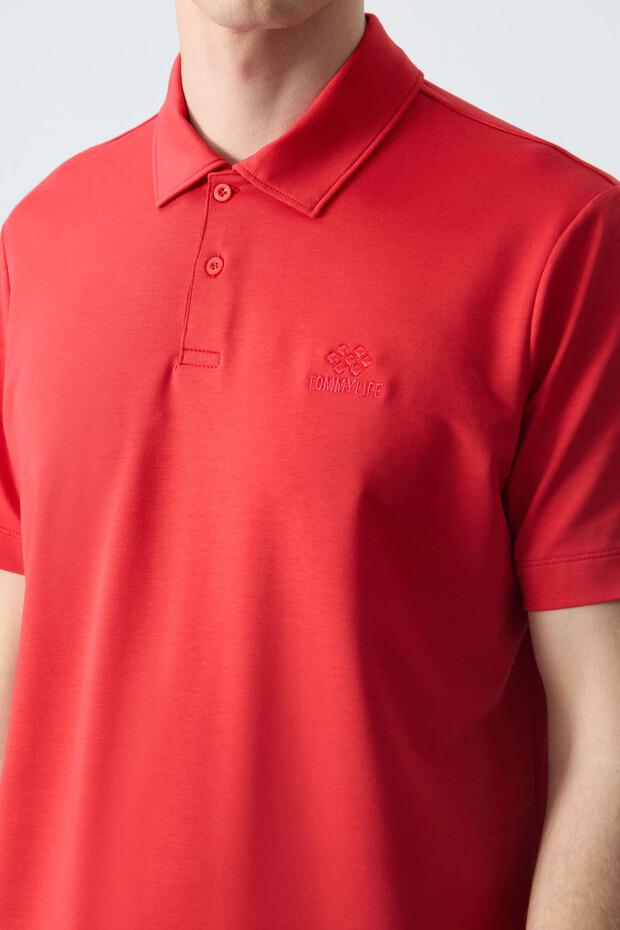Kırmızı Basic Logolu Standart Kalıp Triko Polo Yaka Erkek T-Shirt - 87748
