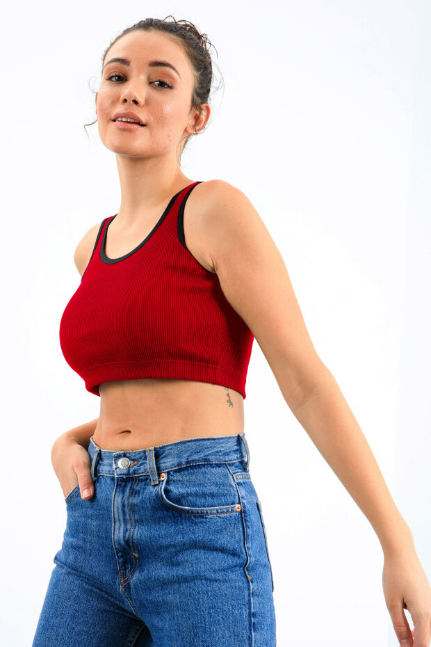 Kırmızı Basic Sıfır Kol Dar Kalıp U Yaka Kadın Crop Top Atlet - 97160 - 1