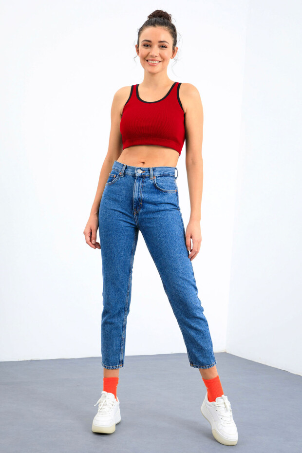 Kırmızı Basic Sıfır Kol Dar Kalıp U Yaka Kadın Crop Top Atlet - 97160 - 2
