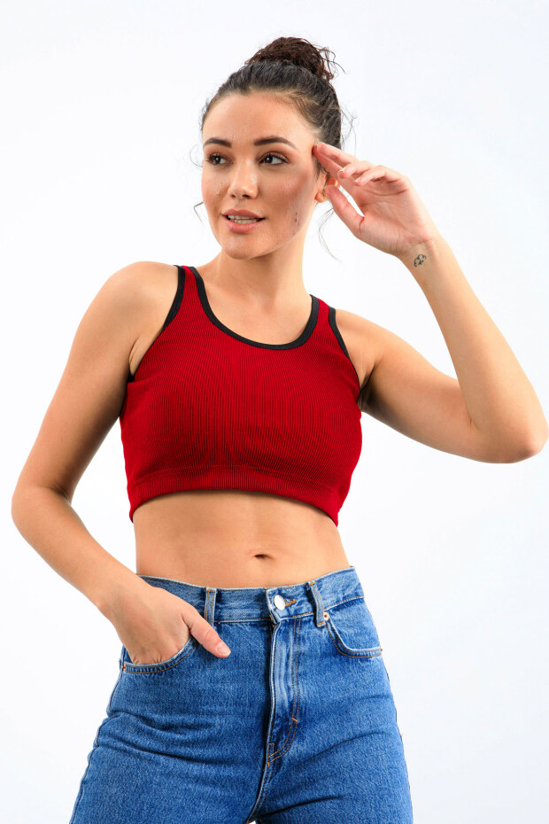 Kırmızı Basic Sıfır Kol Dar Kalıp U Yaka Kadın Crop Top Atlet - 97160 - 3