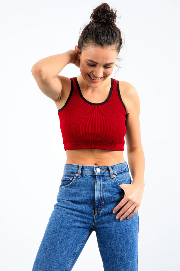Kırmızı Basic Sıfır Kol Dar Kalıp U Yaka Kadın Crop Top Atlet - 97160 - 4