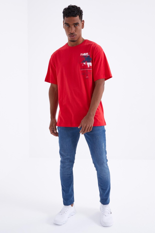 Kırmızı Baskı Detaylı O Yaka Erkek Oversize T-Shirt - 88099