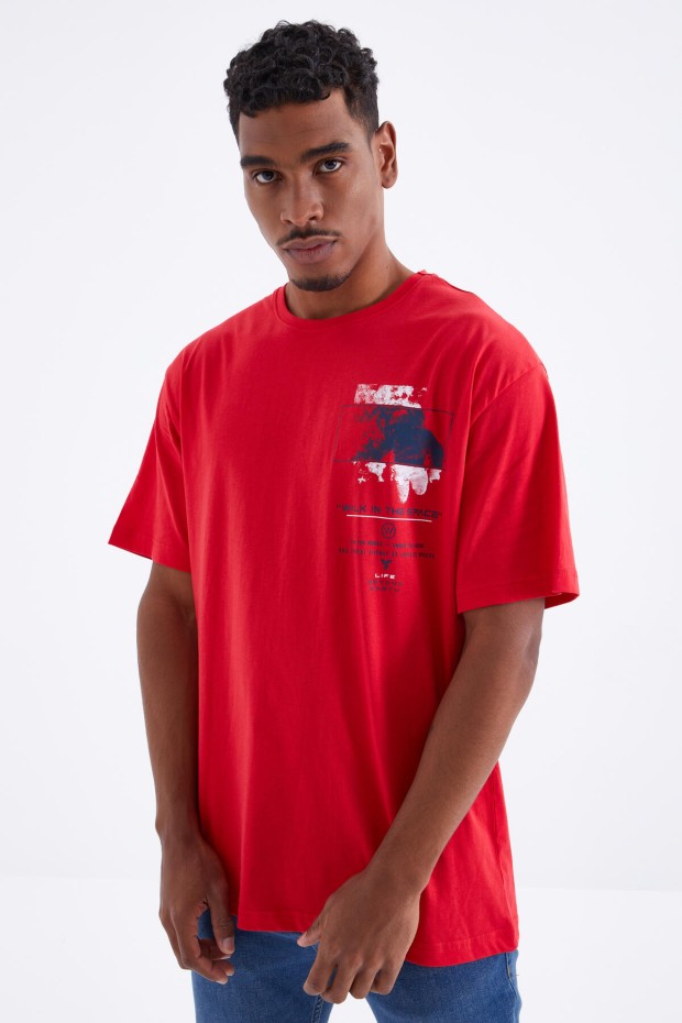 Kırmızı Baskı Detaylı O Yaka Erkek Oversize T-Shirt - 88099