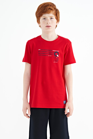 Kırmızı Baskı Detaylı O Yaka Standart Kalıp Erkek Çocuk T-Shirt - 11145 