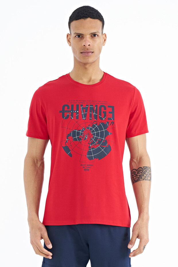 Kırmızı Baskı Detaylı O Yaka Standart Kalıp Erkek T-Shirt - 88214
