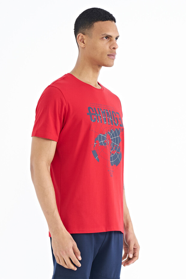 Kırmızı Baskı Detaylı O Yaka Standart Kalıp Erkek T-Shirt - 88214