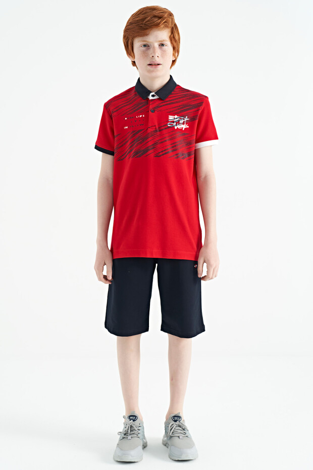 Kırmızı Baskı Detaylı Pola Yaka Standart Kalıp Erkek Çocuk T-Shirt - 11161
