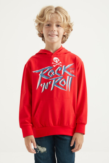 Kırmızı Yazı Baskılı Kanguru Cepli Kapüşonlu Standart Kalıp Erkek Çocuk Sweatshirt - 11002 