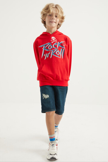Kırmızı Yazı Baskılı Kanguru Cepli Kapüşonlu Standart Kalıp Erkek Çocuk Sweatshirt - 11002 - TOMMYLIFE (1)