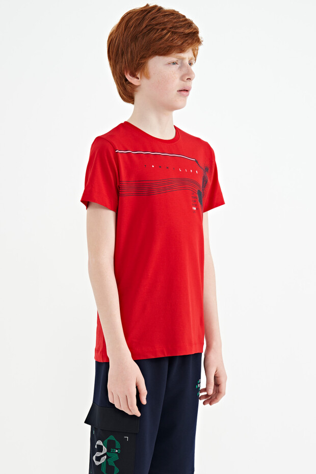 Kırmızı Baskı Detaylı Standart Kalıp O Yaka Erkek Çocuk T-Shirt - 11133