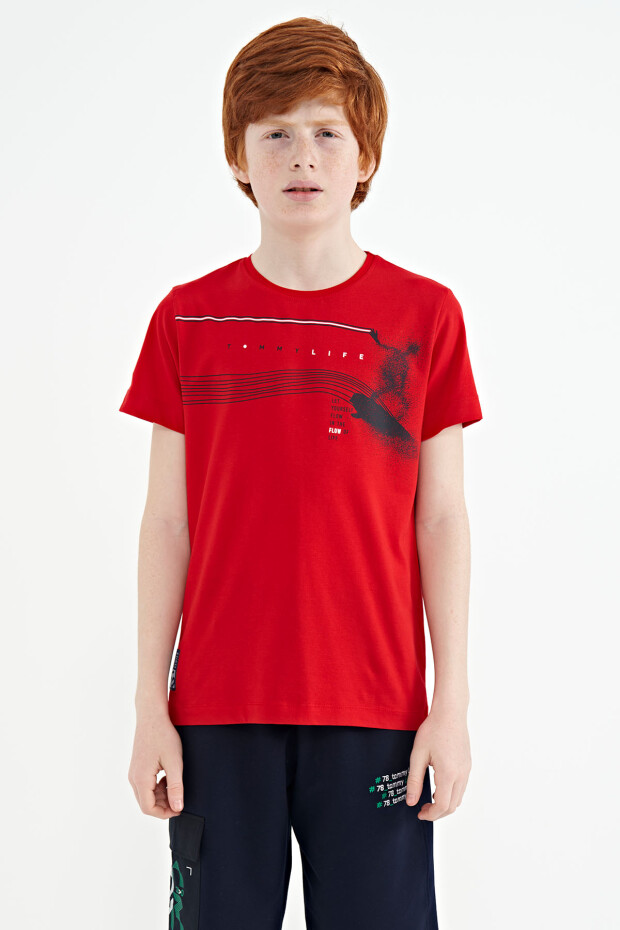 Kırmızı Baskı Detaylı Standart Kalıp O Yaka Erkek Çocuk T-Shirt - 11133