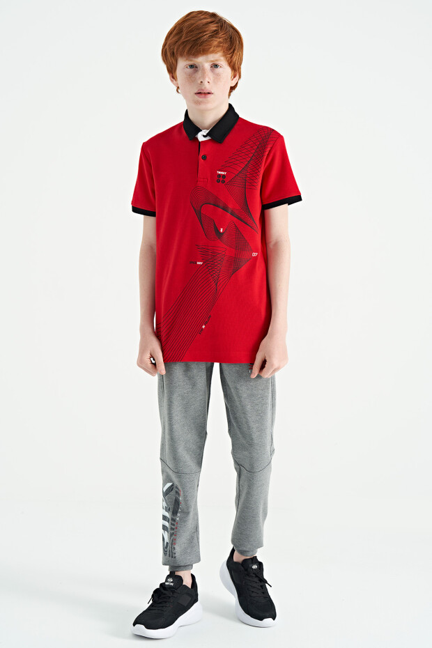 Kırmızı Baskı Detaylı Standart Kalıp Polo Yaka Erkek Çocuk T-Shirt - 11164