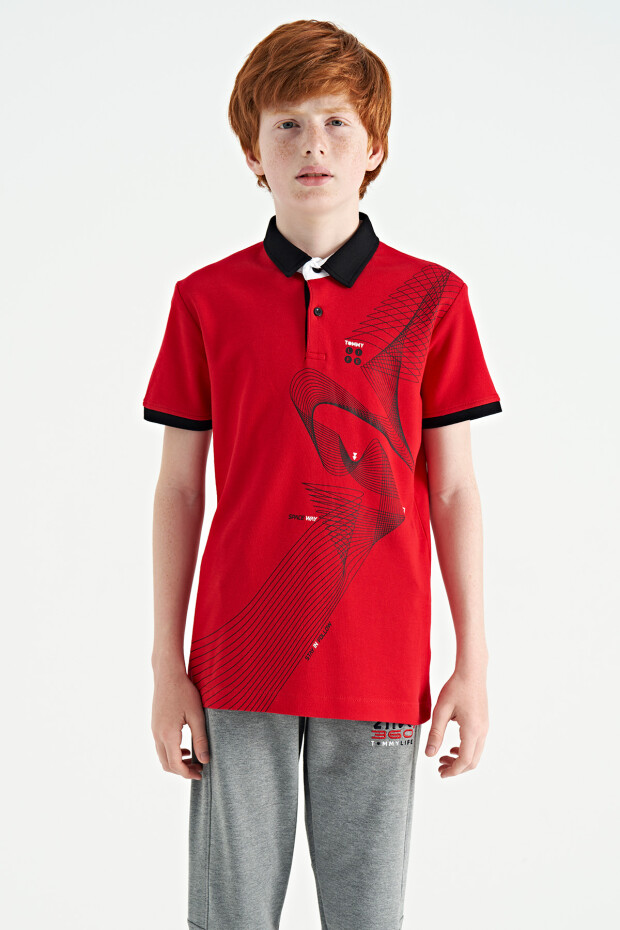 Kırmızı Baskı Detaylı Standart Kalıp Polo Yaka Erkek Çocuk T-Shirt - 11164