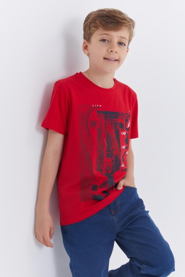 Kırmızı Baskılı Kısa Kol Standart Kalıp O Yaka Erkek Çocuk T-Shirt - 10866 