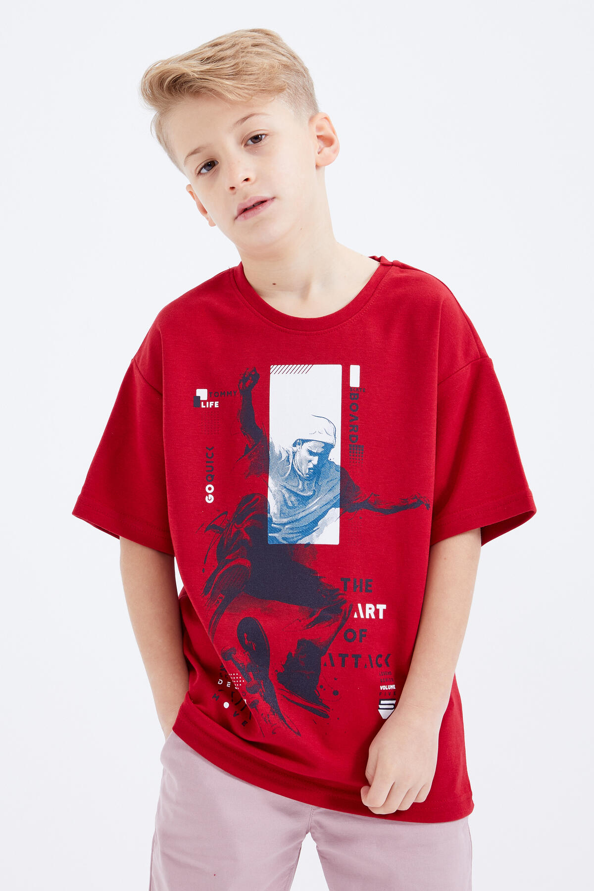 Kırmızı Baskılı Kısa Kollu O Yaka Erkek Çocuk T-Shirt - 10912 