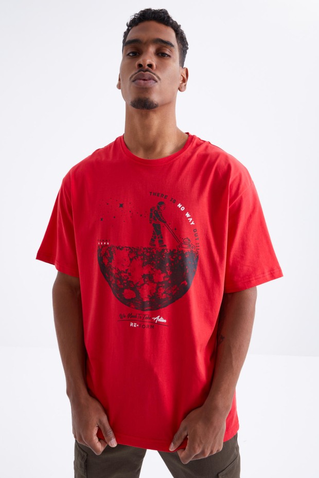 Kırmızı Baskılı O Yaka Erkek Oversize T-Shirt - 88098
