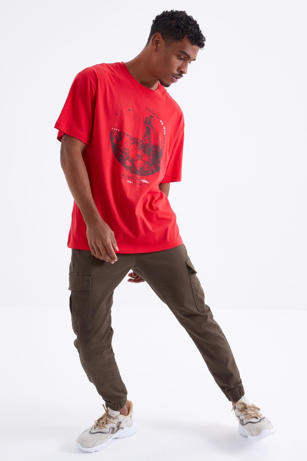 Kırmızı Baskılı O Yaka Erkek Oversize T-Shirt - 88098