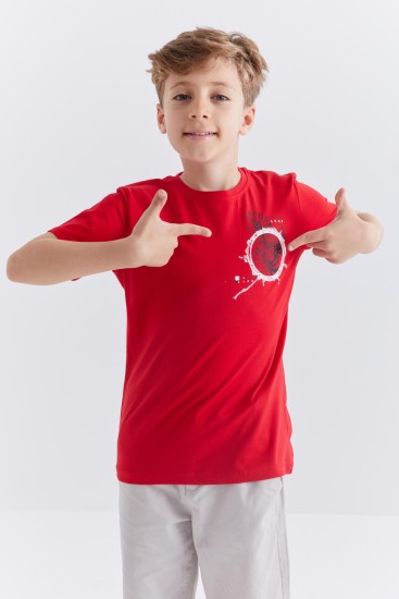 Kırmızı Baskılı O Yaka Kısa Kollu Standart Kalıp Erkek Çocuk T-Shirt - 10867 