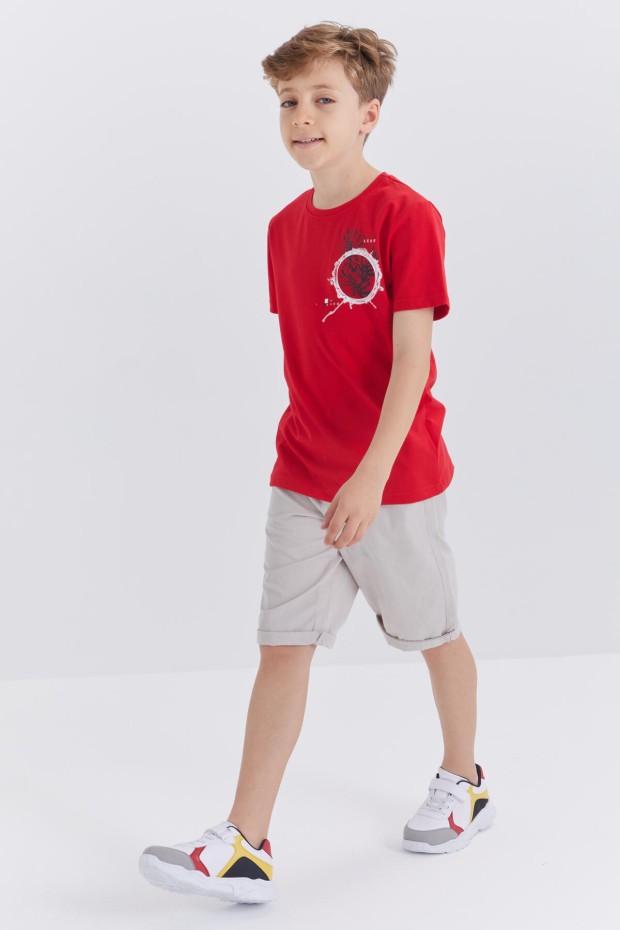 Kırmızı Baskılı O Yaka Kısa Kollu Standart Kalıp Erkek Çocuk T-Shirt - 10867