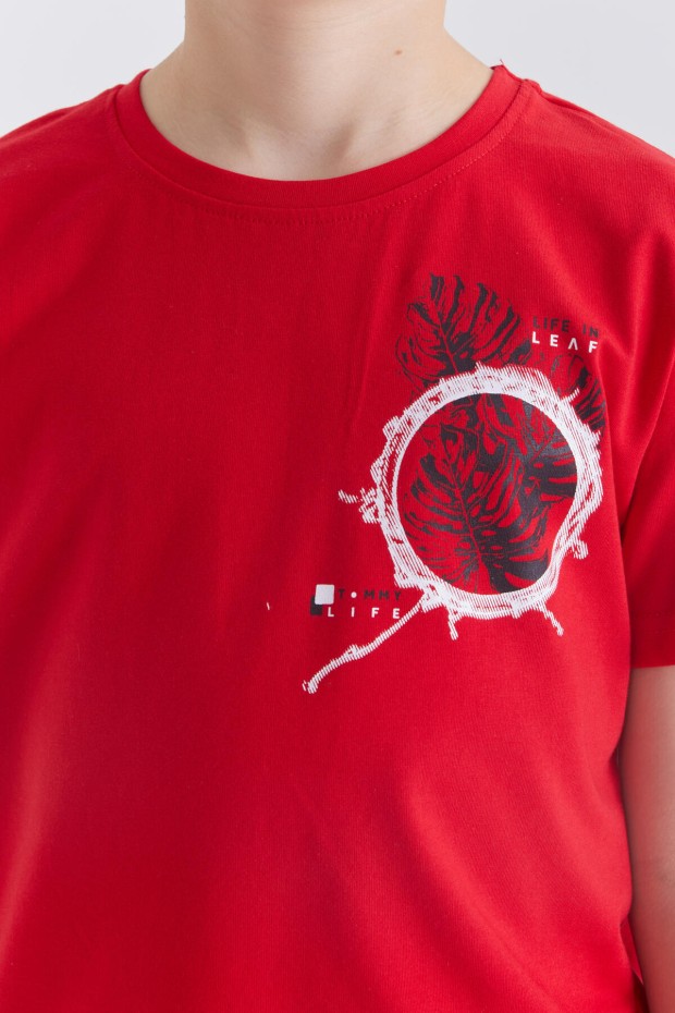 Kırmızı Baskılı O Yaka Kısa Kollu Standart Kalıp Erkek Çocuk T-Shirt - 10867