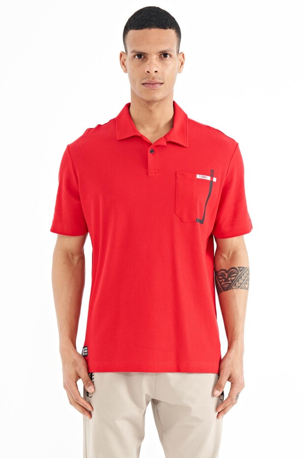 Kırmızı Cep Detaylı Baskılı Standart Kalıp Polo Yaka Erkek T-Shirt - 88241