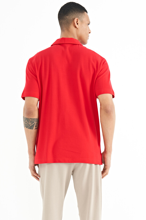 Kırmızı Cep Detaylı Baskılı Standart Kalıp Polo Yaka Erkek T-Shirt - 88241