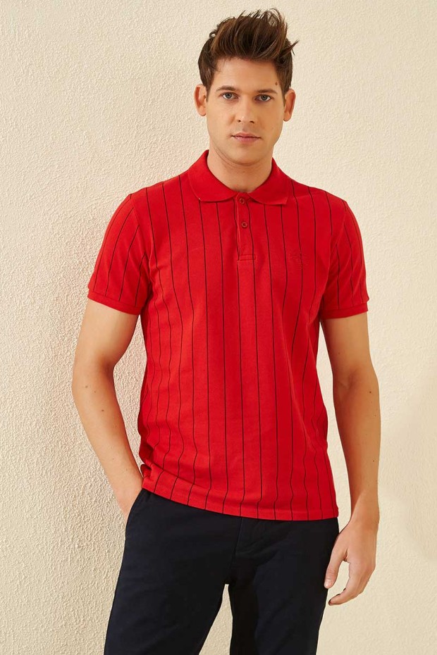 Kırmızı Çizgili Kısa Kol Standart Kalıp Polo Yaka Erkek T-Shirt - 87797