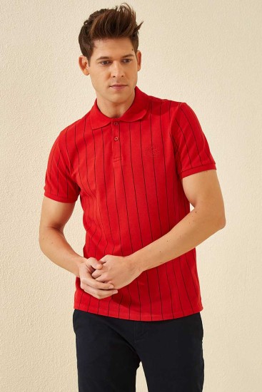 Kırmızı Çizgili Kısa Kol Standart Kalıp Polo Yaka Erkek T-Shirt - 87797 - Thumbnail