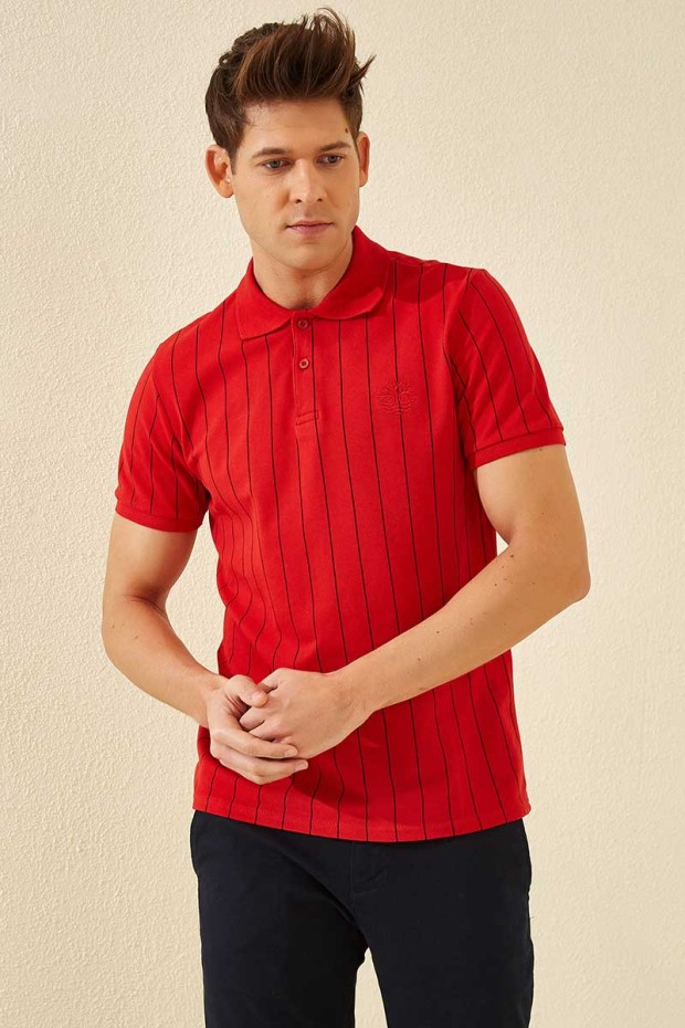 Kırmızı Çizgili Kısa Kol Standart Kalıp Polo Yaka Erkek T-Shirt - 87797