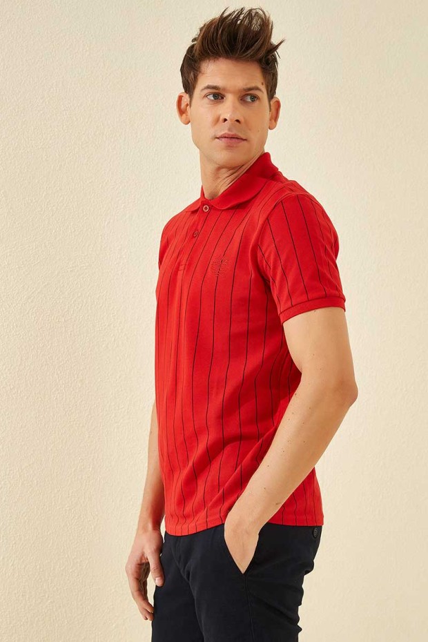 Kırmızı Çizgili Kısa Kol Standart Kalıp Polo Yaka Erkek T-Shirt - 87797