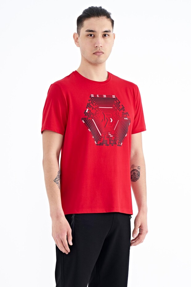 Kırmızı Desen Baskılı Standart Kalıp Erkek T-shirt - 88231