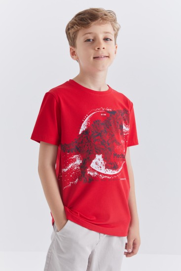 Kırmızı Dinazor Baskılı Kısa Kol Standart Kalıp O Yaka Erkek Çocuk T-Shirt - 10865 
