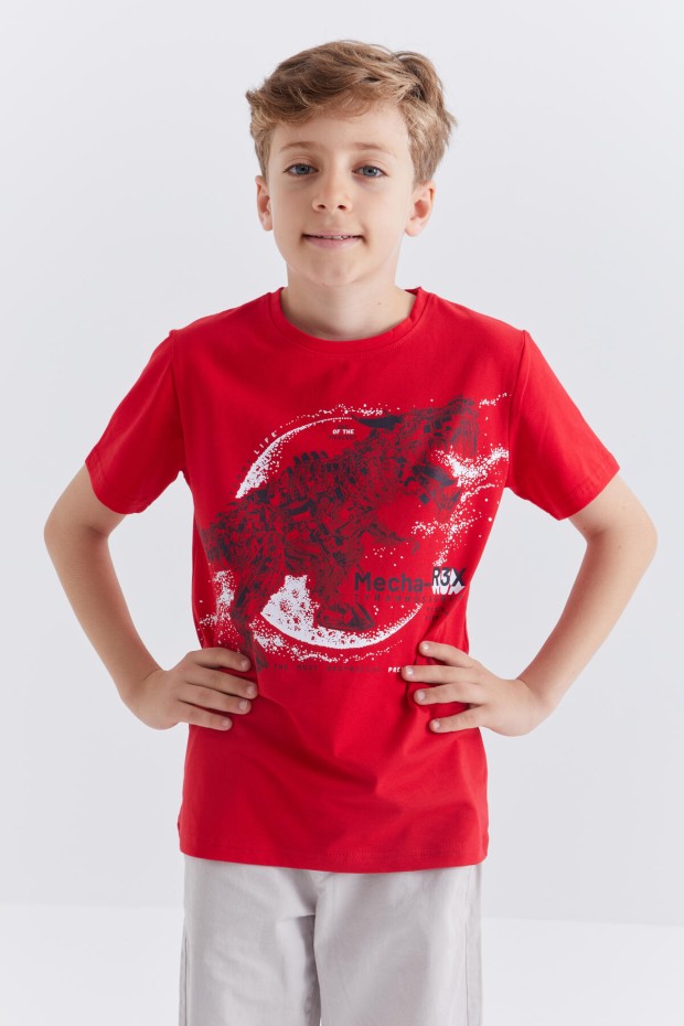 Kırmızı Dinazor Baskılı Kısa Kol Standart Kalıp O Yaka Erkek Çocuk T-Shirt - 10865